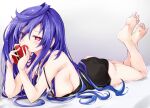  1girl bare_arms bare_legs barefoot blue_hair blush breasts gift iris_heart iwashi_dorobou_-r- kami_jigen_game_neptune_v large_breasts long_hair looking_at_viewer neptune_(series) pink_eyes power_symbol smile solo symbol-shaped_pupils valentine very_long_hair 