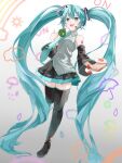  1girl absurdly_long_hair aqua_eyes aqua_hair aqua_necktie bare_shoulders black_legwear black_skirt black_sleeves blurry blurry_background boots clouds commentary cup detached_sleeves food fried_egg full_body grey_background grey_shirt hair_ornament hatsune_miku headphones headset highres holding holding_cup holding_plate leg_up long_hair looking_at_viewer miniskirt necktie open_mouth plate pleated_skirt rain rainbow shirt shoulder_tattoo skirt sleeveless sleeveless_shirt smile solo spring_onion_print standing standing_on_one_leg sun tanpota tattoo thigh-highs thigh_boots toast tomato twintails umbrella very_long_hair vocaloid water_drop zettai_ryouiki 