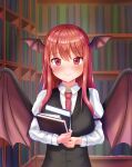  1girl absurdres bangs bat_wings black_vest blush book bookshelf breasts closed_mouth eyebrows_visible_through_hair head_wings highres holding holding_book indoors juliet_sleeves koakuma large_breasts library light_smile long_hair long_sleeves looking_at_viewer necktie puffy_sleeves red_eyes red_necktie redhead rpbdu4786 solo touhou vest wing_collar wings 