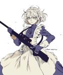  1boy 302 alternate_costume crossdressing dress earrings enmaided frilled_dress frills gun highres jewelry lio_fotia maid maid_headdress male_focus otoko_no_ko partially_colored photo-referenced promare rifle solo turtleneck weapon 
