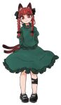  1girl :3 ane animal_ears arms_behind_back black_bow bow braid cat_ears cat_tail dress extra_ears green_dress highres kaenbyou_rin leg_ribbon looking_at_viewer mary_janes multiple_tails pointy_ears puffy_sleeves red_eyes redhead ribbon shoes simple_background slit_pupils solo standing tail touhou twin_braids two_tails white_background 
