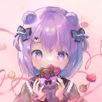  1girl absurdres animal_ears bangs bear_ears black_sailor_collar candy chocolate covered_mouth eyebrows_visible_through_hair food frilled_sailor_collar frills grey_shirt hair_between_eyes hands_up heart heart-shaped_chocolate highres holding holding_food long_sleeves looking_at_viewer original pink_background purple_hair rin_(fuwarin) sailor_collar shirt simple_background solo two_side_up upper_body valentine violet_eyes 