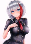  1girl absurdres admiral_graf_spee_(azur_lane) azur_lane bangs black_dress blue_eyes breasts brown_background closed_mouth collared_dress commentary_request dress eyebrows_visible_through_hair gradient gradient_background grey_hair hair_between_eyes hand_up highres medium_breasts multicolored_hair necktie red_necktie redhead ryara short_necktie short_sleeves smile solo streaked_hair white_background 