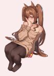  1girl angelina_(arknights) animal_ears arknights bangs bare_shoulders black_choker black_legwear box brown_hair brown_sweater choker collarbone commentary fox_ears gift gift_box grey_background hand_on_own_face highres infection_monitor_(arknights) long_hair long_sleeves looking_at_viewer mkrk_mikaerukung no_pants no_shoes off-shoulder_sweater off_shoulder pantyhose parted_lips red_eyes simple_background solo sweater valentine 