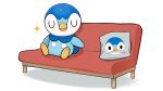  closed_eyes closed_mouth commentary_request couch creature cushion no_humans official_art piplup pokemon pokemon_(creature) project_pochama sitting smile solo sparkle u_u white_background 