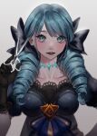  1girl bangs black_bow black_gloves blue_bow bow breasts collarbone drill_hair gloves grey_background gwen_(league_of_legends) hair_bow hand_up highres holding holding_scissors large_breasts league_of_legends long_hair looking_at_viewer parted_lips scissors sella_423 shiny shiny_hair simple_background teeth twin_drills twintails 