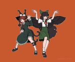  2girls animal_ear_fluff animal_ears arms_up artist_name bangs bigcat_114514 bird_wings black_bow black_footwear black_hair blunt_bangs bow brown_hair cat_ears cat_tail claw_pose dress eyebrows_visible_through_hair fang feathered_wings flat_chest frilled_shirt_collar frills full_body green_bow green_dress green_skirt hair_bow hair_ribbon highres juliet_sleeves kaenbyou_rin long_hair long_sleeves looking_at_viewer mary_janes multiple_girls multiple_tails neck_ribbon nekomata open_mouth orange_background outline pleated_skirt puffy_short_sleeves puffy_sleeves red_eyes red_ribbon redhead reiuji_utsuho ribbon shirt shoes short_sleeves simple_background skirt smile tail touhou tress_ribbon twintails two_tails v-shaped_eyebrows white_outline white_shirt wings 