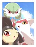  :o absurdres border clouds commentary_request day from_below gardevoir green_hair highres latias looking_at_viewer mawile one_eye_closed open_mouth outdoors pokemon pokemon_(creature) red_eyes shabana_may sky smile white_border yellow_eyes 