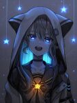  1girl :d animal_hood bangs blue_eyes bow bowtie collarbone earrings eyebrows_visible_through_hair glowing glowing_eyes hair_between_eyes highres hololive hood hood_up hoodie hoshimachi_suisei jewelry long_hair looking_at_viewer nessue open_mouth smile solo star_(sky) star_(symbol) star_in_eye symbol_in_eye teeth upper_body upper_teeth virtual_youtuber yellow_bow yellow_bowtie 