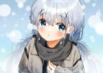  1girl :o blue_eyes blush coat eyebrows eyebrows_visible_through_hair from_above gochuumon_wa_usagi_desu_ka? hair_ornament hairclip highres kafuu_chino long_hair looking_at_viewer scarf silver_hair snow solo upper_body x_hair_ornament zumi6 