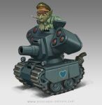  blue_shirt brown_eyes colored_skin english_commentary fang goblin green_skin ground_vehicle hat highres leaning_forward mike_doscher military military_hat military_vehicle missile_pod motor_vehicle no_humans original pipe shirt solo tank tank_focus vehicle_focus web_address 