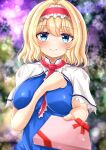  1girl alice_margatroid arm_up bangs between_breasts blonde_hair blue_dress blue_eyes blurry blurry_background blush bow box breasts capelet closed_mouth clouds cloudy_sky commentary_request dress eyebrows_visible_through_hair eyes_visible_through_hair fingernails frills hair_between_eyes hairband hand_on_own_chest hands_up highres large_breasts leaf looking_at_viewer necktie necktie_between_breasts night night_sky pink_necktie purple_sky red_bow red_hairband reijing_etrn short_hair sky smile solo sparkle standing touhou tree white_capelet 