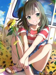  1girl akira_tooru artist_name bangs bare_legs blue_overalls blue_sky brown_hair clouds commentary_request crossed_ankles day flower green_eyes grin ground_vehicle highres indian_style knees_up legs long_hair looking_at_viewer motor_vehicle one_side_up original outdoors overalls petals pickup_truck revision sandals shirt short_sleeves sitting sky smile solo strap_slip striped striped_shirt sunflower swept_bangs t-shirt toes truck twitter_username wind 