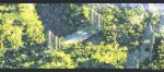  artist_name blurry bridge commentary_request day forest from_above highres letterboxed nature no_humans original scenery signature sunlight tower tree waisshu_(sougyokyuu) 