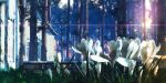 blurry commentary day diffraction_spikes flower forest grass highres house nature no_humans original outdoors scenery tree waisshu_(sougyokyuu) white_flower window 