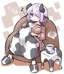  1girl animal_ears animal_print animal_slippers big_belly blush breasts cardigan chair coffee cow_ears cow_girl cow_horns cow_print cup dated dress eyebrows_visible_through_hair eyes_visible_through_hair green_eyes hair_over_one_eye hands_on_own_stomach highres horns kugelschreiber large_breasts light_purple_hair mug musical_note open_cardigan open_clothes original pregnant short_hair sitting slippers smile solo 