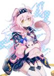  1girl absurdres animal animal_ears arknights black_hairband black_skirt blue_bow blush bow braid cat cat_ears cat_girl cat_tail chinese_commentary coat collar commentary_request garter_straps goldenglow_(arknights) hair_bow hair_over_shoulder hairband highres holding holding_animal holding_cat id_card lightning_bolt_print long_hair looking_at_viewer open_clothes open_coat open_mouth pink_coat pink_hair polka_dot polka_dot_background scottish_fold shirt signature single_braid sitting skirt solo striped striped_legwear tail tearing_up tears thigh-highs tuzidemengmianjiang vertical-striped_legwear vertical_stripes white_legwear white_shirt yellow_eyes zettai_ryouiki 