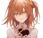  1girl bangs box box_of_chocolates chaldea_uniform fate/grand_order fate_(series) fujimaru_ritsuka_(female) gift hair_between_eyes hair_ornament hair_scrunchie heart-shaped_box holding holding_gift long_hair long_sleeves looking_at_viewer nozz177 orange_eyes orange_hair scrunchie side_ponytail simple_background smile solo upper_body white_background 