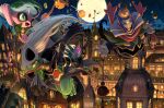  architecture building city cityscape clouds commentary_request costume dusknoir english_commentary flying ghost grovyle halloween halloween_costume highres jack-o&#039;-lantern jigglypuff karamimame looking_at_viewer mixed-language_commentary moon night no_humans outdoors pokemon pumpkin rooftop scenery sceptile sky treecko 