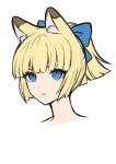  1girl absurdres animal_ear_fluff animal_ears bangs banned_artist blonde_hair blue_bow blue_eyes bow closed_mouth eyebrows_behind_hair hair_bow highres original ponytail portrait shimizu_akina short_hair simple_background solo white_background 