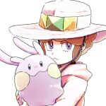  1boy bright_pupils brown_hair closed_mouth commentary_request eyelashes frown goomy hat highres holding holding_pokemon jacket lian_(pokemon) male_focus pokemon pokemon_(creature) pokemon_(game) pokemon_legends:_arceus shinkichi short_hair simple_background violet_eyes white_background white_headwear white_jacket white_pupils 