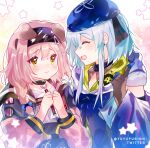  1boy 1girl :d animal_ears arknights artist_name black_gloves black_hairband blue_bow blue_hair blue_headwear blush bow braid cat_ears closed_eyes closed_mouth coat collar creator_connection crying crying_with_eyes_open earrings gloves goldenglow_(arknights) gradient gradient_background hair_bow hairband highres hood hood_down index_finger_raised infection_monitor_(arknights) jewelry lightning_bolt_print long_hair long_sleeves mizuki_(arknights) open_clothes open_coat open_mouth pink_background pink_coat scissors shirt short_hair side_braid sidelocks smile star_(symbol) tears twitter_username upper_body white_shirt yellow_eyes yuyu_(yuyupurinn) 