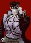  1boy belt black_hair black_headwear black_jacket cowboy_shot earrings gold_trim green_eyes hand_in_pocket hand_on_headwear hand_up hat high_collar highres jacket jewelry jojo_no_kimyou_na_bouken kujo_jotaro lips long_sleeves looking_at_viewer male_focus o-ring one_eye_covered open_clothes open_jacket red_background short_hair simple_background solo stardust_crusaders vlfdus_0 