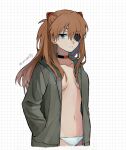  1girl bangs black_choker blue_eyes breasts brown_hair choker closed_mouth collarbone cowboy_shot cropped_legs dango_(uni_520) evangelion:_3.0+1.0_thrice_upon_a_time eyebrows_visible_through_hair eyepatch flipped_hair green_hoodie grid_background groin hair_between_eyes hairpods hands_in_pockets hood hood_down hoodie jacket light_frown long_hair long_sleeves looking_ahead medium_breasts naked_jacket navel neon_genesis_evangelion one_side_up panties rebuild_of_evangelion simple_background solo souryuu_asuka_langley standing twitter_username underwear white_panties 