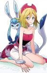  1girl 1other ameno_(a_meno0) bangs bare_shoulders blonde_hair glaceon grey_eyes hair_ornament irida_(pokemon) japanese_clothes kneeling looking_at_viewer pokemon pokemon_(game) pokemon_legends:_arceus 