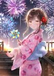  1girl akasaka_asa bangs brown_hair character_request copyright_request fireworks highres japanese_clothes looking_at_viewer night night_sky outdoors outstretched_arm pinwheel sky stairs upper_body yellow_eyes 