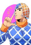  1boy argyle argyle_sweater black_hair blowing_smoke finger_gun guido_mista hat highres hotaru_(ss801) index_finger_raised jojo_no_kimyou_na_bouken male_focus solo sweater turtleneck vento_aureo 