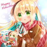  1girl :d animal_ear_fluff animal_ears bangs black_footwear blonde_hair blue_hair blush boots box brown_hair brown_jacket brown_shirt cat_ears cat_girl cat_tail chibi commentary_request eyebrows_visible_through_hair fringe_trim gift gift_box green_eyes hair_between_eyes hands_up happy_valentine highres holding holding_gift jacket long_sleeves multicolored_hair multiple_views original outline pleated_skirt red_scarf red_skirt ribbed_shirt scarf shikito shirt skirt sleeves_past_wrists smile streaked_hair tail translation_request two-tone_hair white_outline 