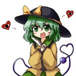  1girl black_headwear blouse blush collared_blouse commentary_request cowboy_shot eyeball eyebrows_visible_through_hair frilled_shirt_collar frilled_sleeves frills green_eyes green_hair green_skirt hair_between_eyes hat hat_ribbon heart heart_of_string heripantomorrow komeiji_koishi long_sleeves medium_hair open_mouth ribbon shiny shiny_hair simple_background skirt smile solo third_eye touhou white_background wide_sleeves yellow_blouse yellow_ribbon 