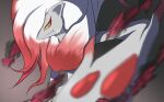  blurry brown_background claws closed_mouth colored_sclera commentary_request fang fang_out from_side highres hisuian_zoroark looking_at_viewer matsuzaki_yuu orange_eyes pokemon pokemon_(creature) red_fur smile solo white_fur yellow_sclera 