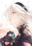  1girl bangs black_hairband blue_eyes blurry blurry_background box commentary gift gift_box gloves hair_ornament hairband highres holding kazama_raita lips looking_away nier_(series) nier_automata petals shirt short_hair simple_background solo turtleneck upper_body white_shirt yorha_no._2_type_b 