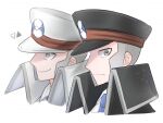  1boy black_headwear black_jacket blue_necktie closed_mouth collared_jacket collared_shirt cropped_torso frown grey_eyes grey_hair hat highres ingo_(pokemon) jacket looking_at_viewer male_focus multiple_views necktie nikki_kyousuke peaked_cap pokemon pokemon_(game) pokemon_legends:_arceus shirt simple_background smile upper_body watermark white_background white_headwear white_jacket white_shirt 