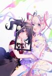  1girl 2girls abstract_background absurdres ame-chan_(needy_girl_overdose) black_hair black_nails black_ribbon blue_eyes blue_hair blue_nails blush bow chouzetsusaikawa_tenshi-chan crying crying_with_eyes_open dual_persona empty_picture_frame glitch grey_hair hair_bow hair_ornament highres holographic_clothing iei long_hair momuraer multicolored_hair multicolored_nails multiple_girls multiple_hair_bows nail_polish neck_ribbon needy_girl_overdose open_mouth parted_lips picture_frame pin pink_hair pink_nails pleated_skirt quad_tails red_nails ribbon sailor_collar saliva school_uniform serafuku skirt smile suspender_skirt suspenders tears twintails v very_long_hair violet_eyes x_hair_ornament yellow_bow 