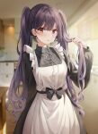  1girl apron bangs blurry blurry_background brown_eyes collared_shirt cowboy_shot earrings eyebrows_visible_through_hair frilled_apron frills hand_in_hair highres indoors jewelry long_hair long_sleeves looking_at_viewer maid maid_apron open_mouth original purple_hair shirt solo twintails vb_vibe 