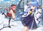  blue_hair blush bow bowtie commentary dress english_commentary eye_contact eyebrows_visible_through_hair highres hololive hoshimachi_suisei long_hair looking_at_another lu_b outdoors pink_hair polka_dot sailor_dress sakura_miko scarf snow snowball snowball_fight virtual_youtuber winter yellow_bow yellow_bowtie 