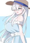  1girl akitokage01 anastasia_(fate) anastasia_(swimsuit_archer)_(fate) blue_eyes breasts dress earrings fate/grand_order fate_(series) hair_over_one_eye hat highres jewelry large_breasts long_hair one_eye_closed silver_hair straw_hat sundress 