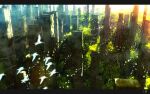  animal artist_name bird building city commentary_request day letterboxed light_particles moss no_humans original outdoors ruins scenery skyscraper sunlight tree waisshu_(sougyokyuu) watermark 