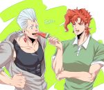  2boys alternate_costume blue_eyes casual cheekbones earrings flattop food green_shirt grey_hair hood hoodie hotaru_(ss801) jean_pierre_polnareff jewelry jojo_no_kimyou_na_bouken kakyoin_noriaki licking_lips male_focus multiple_boys pectoral_cleavage pectorals popsicle red_eyes redhead shirt stardust_crusaders tight tight_shirt tongue tongue_out watermelon_bar 