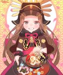  1girl bangs bow bowl bowtie brown_hair chacha_(fate) fate/grand_order fate_(series) feet_out_of_frame flower food hat helmet holding holding_food japanese_clothes long_hair looking_at_viewer open_mouth petals plate sara_(kurome1127) smile soup upper_body 