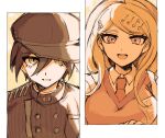  1boy 1girl :d akamatsu_kaede bangs breasts buttons collared_shirt danganronpa_(series) danganronpa_v3:_killing_harmony double-breasted hair_between_eyes hair_ornament hat highres jacket large_breasts long_hair looking_at_viewer musical_note_hair_ornament necktie raise_(lightanswer) saihara_shuuichi shirt short_hair sketch smile striped striped_jacket teeth upper_teeth vest 