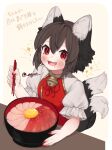  :3 absurdres animal_ear_fluff animal_ears bell blush brown_hair cat_ears cat_tail chen chopsticks dress egg egret fingernails fish food highres meat multiple_tails neck_bell nekomata open_mouth puffy_short_sleeves puffy_sleeves red_dress red_eyes red_nails saliva sharp_fingernails short_hair short_sleeves signature smile sparkle_background table tail touhou two_tails yellow_background 