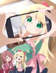  &gt;_&lt; +++ 2girls :&lt; :d ahoge apron bangs blonde_hair blurry blurry_background blush_stickers bowl brown_hair cellphone chibi chibi_inset chocolate chocolate_making chocolate_on_face closed_eyes commentary eyebrows_visible_through_hair filming food food_on_face green_eyes hair_over_one_eye highres himesaka_noa hoshino_miyako_(wataten) indoors jacket long_hair makuran multiple_girls one_eye_covered outline phone pink_apron pov pov_hands short_hair smartphone smile solo_focus thick_eyebrows track_jacket valentine watashi_ni_tenshi_ga_maiorita! white_outline wiping_face xd 