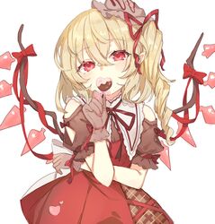  1girl alternate_costume bangs blonde_hair blush brown_headwear candy commentary covered_mouth crystal dress eyebrows_visible_through_hair flandre_scarlet food gloves hair_between_eyes hair_ribbon hand_up hat heart heart-shaped_pupils highres holding holding_candy holding_food looking_at_viewer medium_hair mob_cap neck_ribbon one_side_up paragasu_(parags112) pointy_ears red_dress red_eyes red_ribbon ribbon simple_background solo symbol-only_commentary symbol-shaped_pupils touhou upper_body white_background wings 