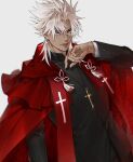  1boy amakusa_shirou_(fate) bangs bishounen brown_eyes cape cross cross_necklace dark-skinned_male dark_skin earrings eyebrows_visible_through_hair fate/apocrypha fate/grand_order fate_(series) grey_background highres jewelry kiki_(re_6xxx) looking_at_viewer necklace open_mouth parted_bangs parted_hair priest simple_background smile white_hair yellow_eyes 