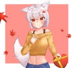  1girl animal_ears blush box breasts casual collarbone eyebrows_visible_through_hair fang gift hair_ornament harmeria_7170 heart-shaped_box highres inubashiri_momiji large_breasts leaf leaf_hair_ornament looking_at_viewer maple_leaf midriff navel red_eyes short_hair silver_hair solo tail touhou valentine wolf_ears wolf_tail 