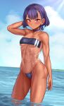  1girl absurdres arm_behind_head arm_up bangs blunt_ends blush bob_cut braid breasts casual_one-piece_swimsuit caustics choker collarbone contrapposto covered_navel dark-skinned_female dark_skin day english_commentary eyebrows_visible_through_hair gris_swimsuit hair_behind_ear highleg highleg_swimsuit highres hip_bones horizon looking_at_viewer meme_attire navel ocean one-piece_swimsuit original outdoors purple_hair red_eyes see-through short_hair side_braid small_breasts smile solo standing strapless strapless_swimsuit sunlight swimsuit toin_(koto54576897) under_boob wading water wet 